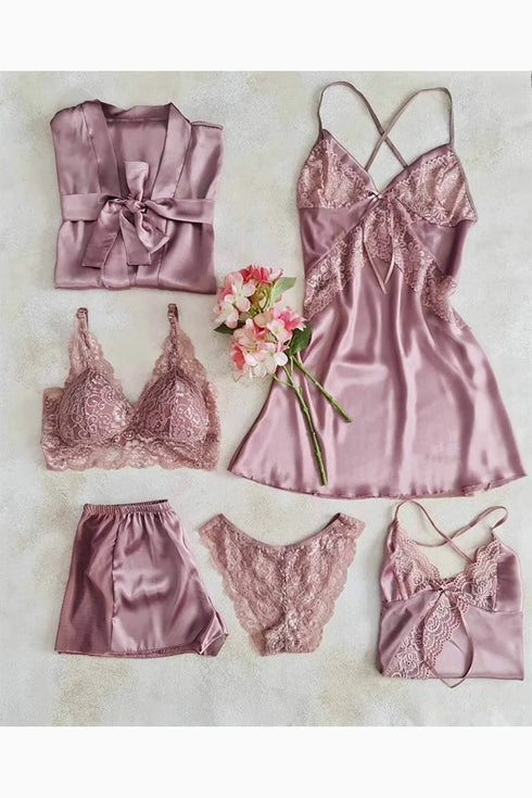 Dried Rose Satin Dressing Gown and Shorts 6 Pcs Dowry Set